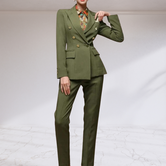 Olive Double Breasted Blazer and Slim Straight Pant Suit Set