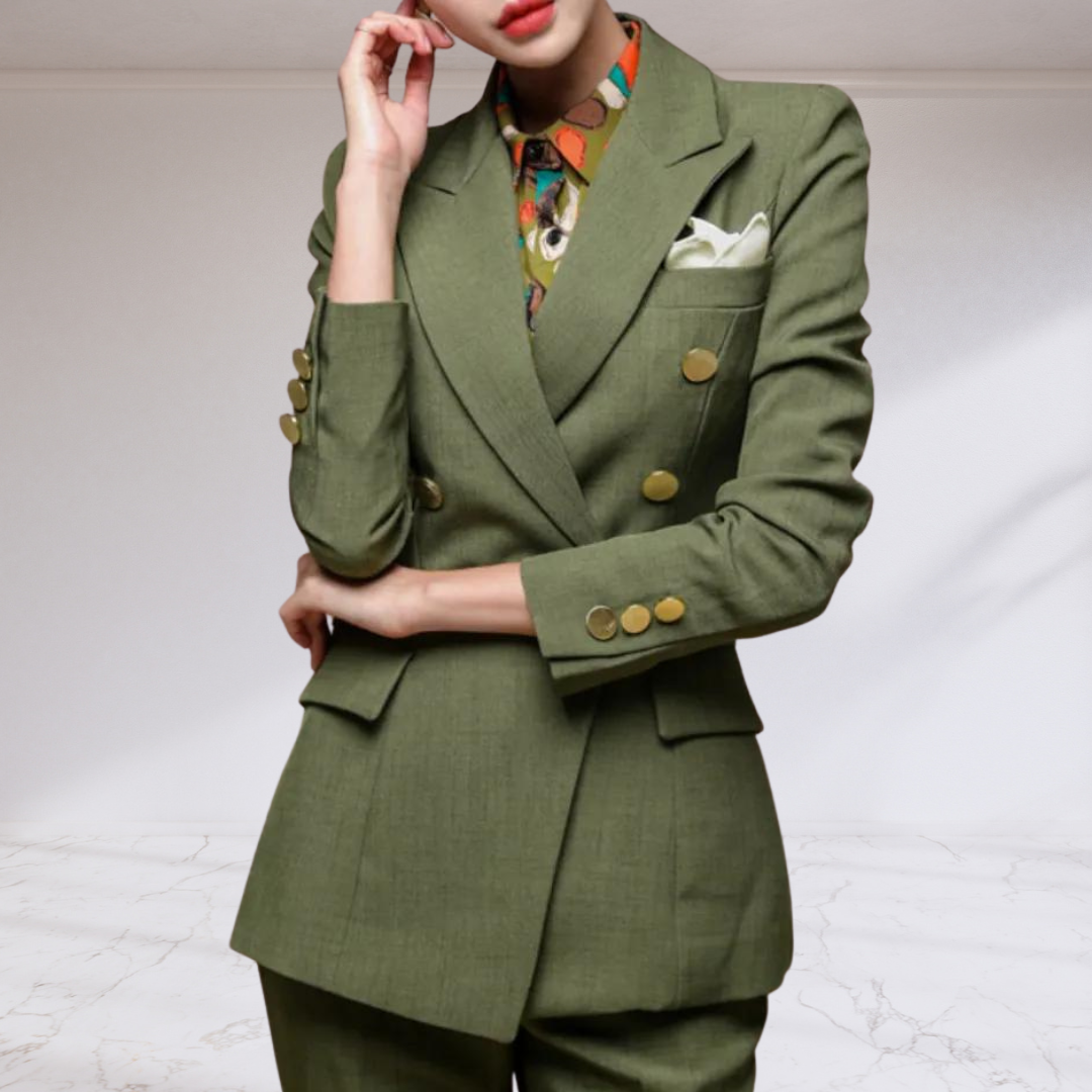 Olive Double Breasted Blazer and Slim Straight Pant Suit Set