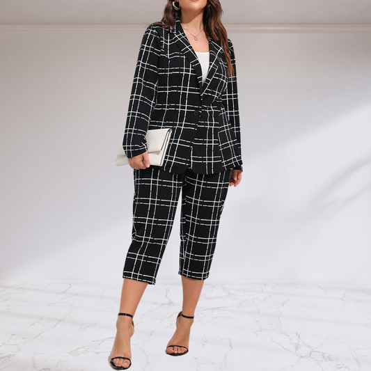 Curvy Plaid Button Front Crop Pantsuit Set