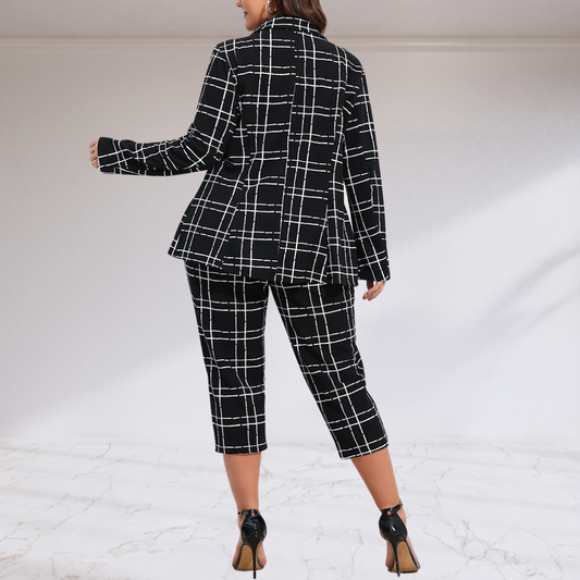 Curvy Plaid Button Front Crop Pantsuit Set