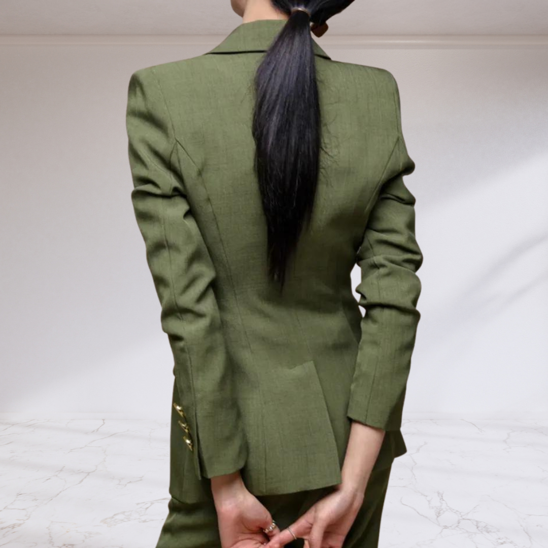 Olive Double Breasted Blazer and Slim Straight Pant Suit Set