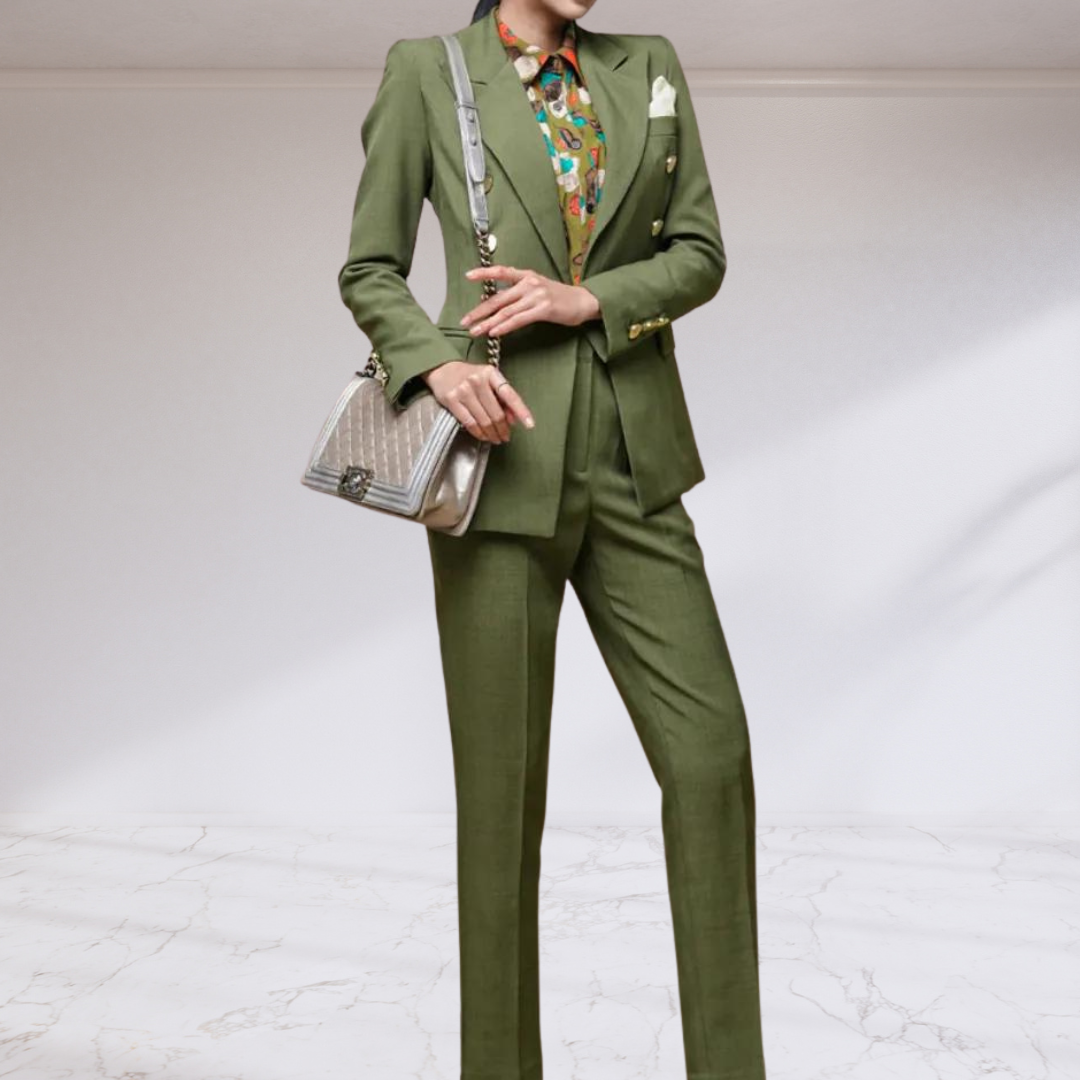 Olive Double Breasted Blazer and Slim Straight Pant Suit Set