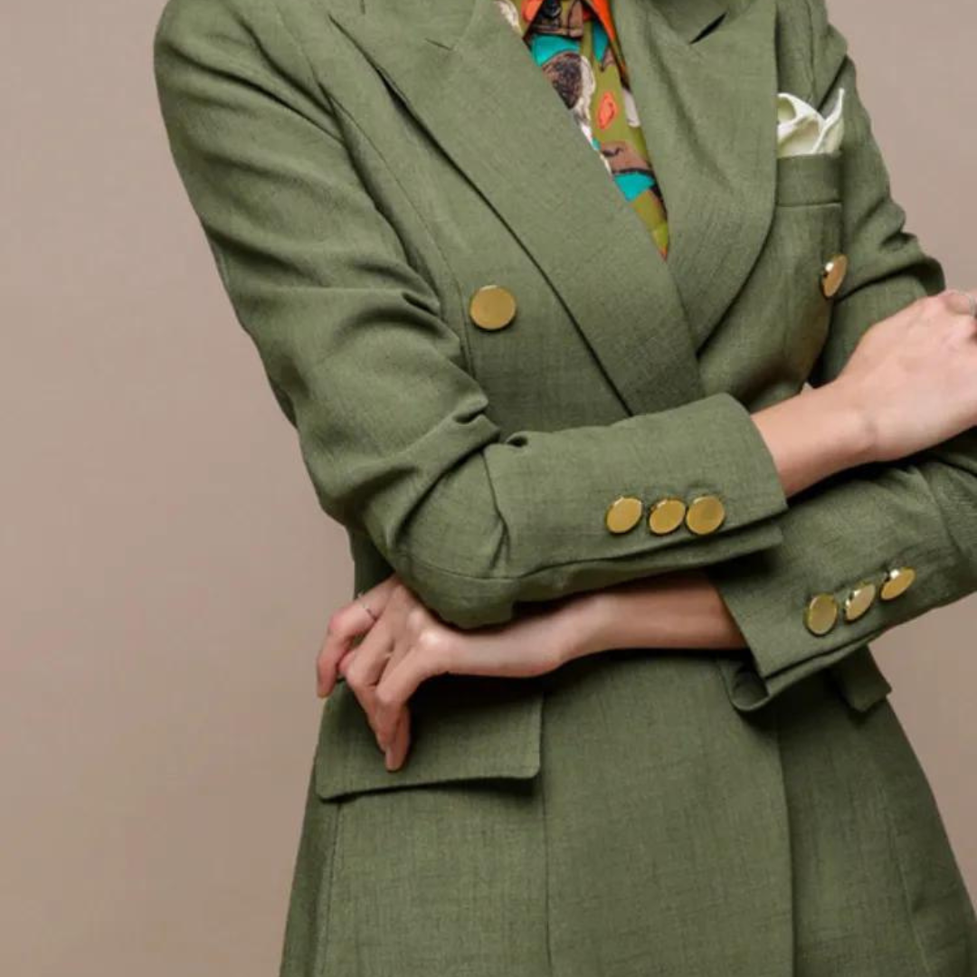 Olive Double Breasted Blazer and Slim Straight Pant Suit Set