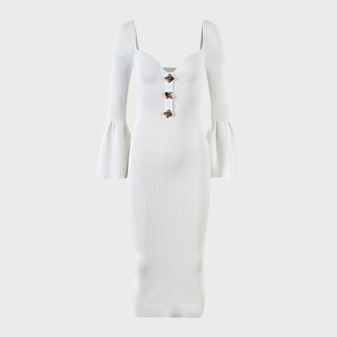 Unique Heart Collar Long Sleeve Button Front Knit Dress