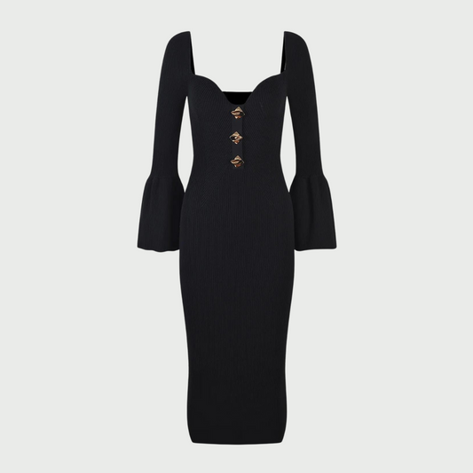 Unique Heart Collar Long Sleeve Button Front Knit Dress