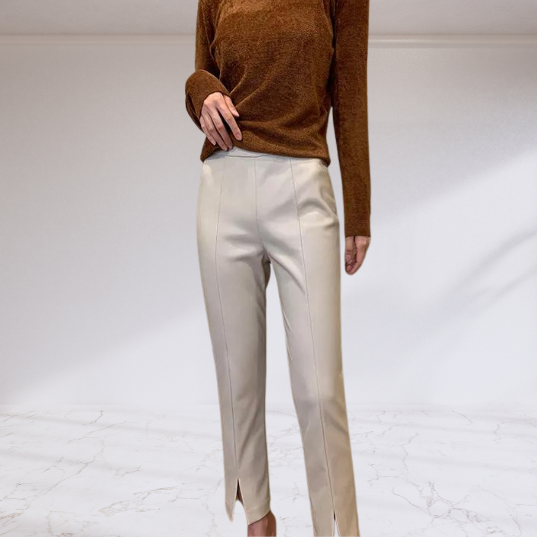 Front Slit Leather Skinny Ankle Pants