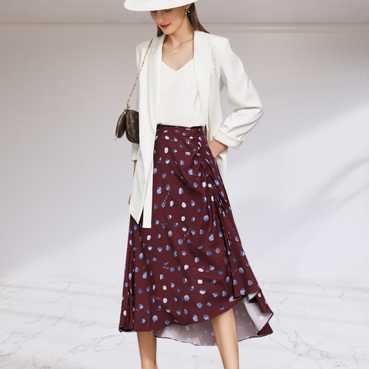 Side Ruched Printed A-line Midi Skirt