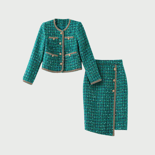 Elegant Thick Woven Sequined Emerald Tweed Two Piece Jacket and Skirt Set