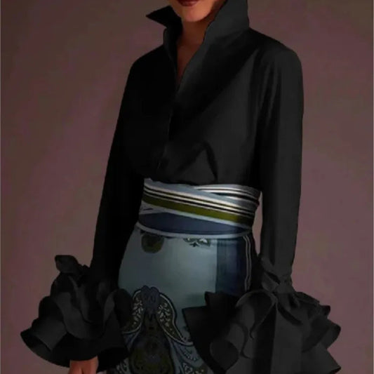 Button Down Collared Bell Sleeve Shirt