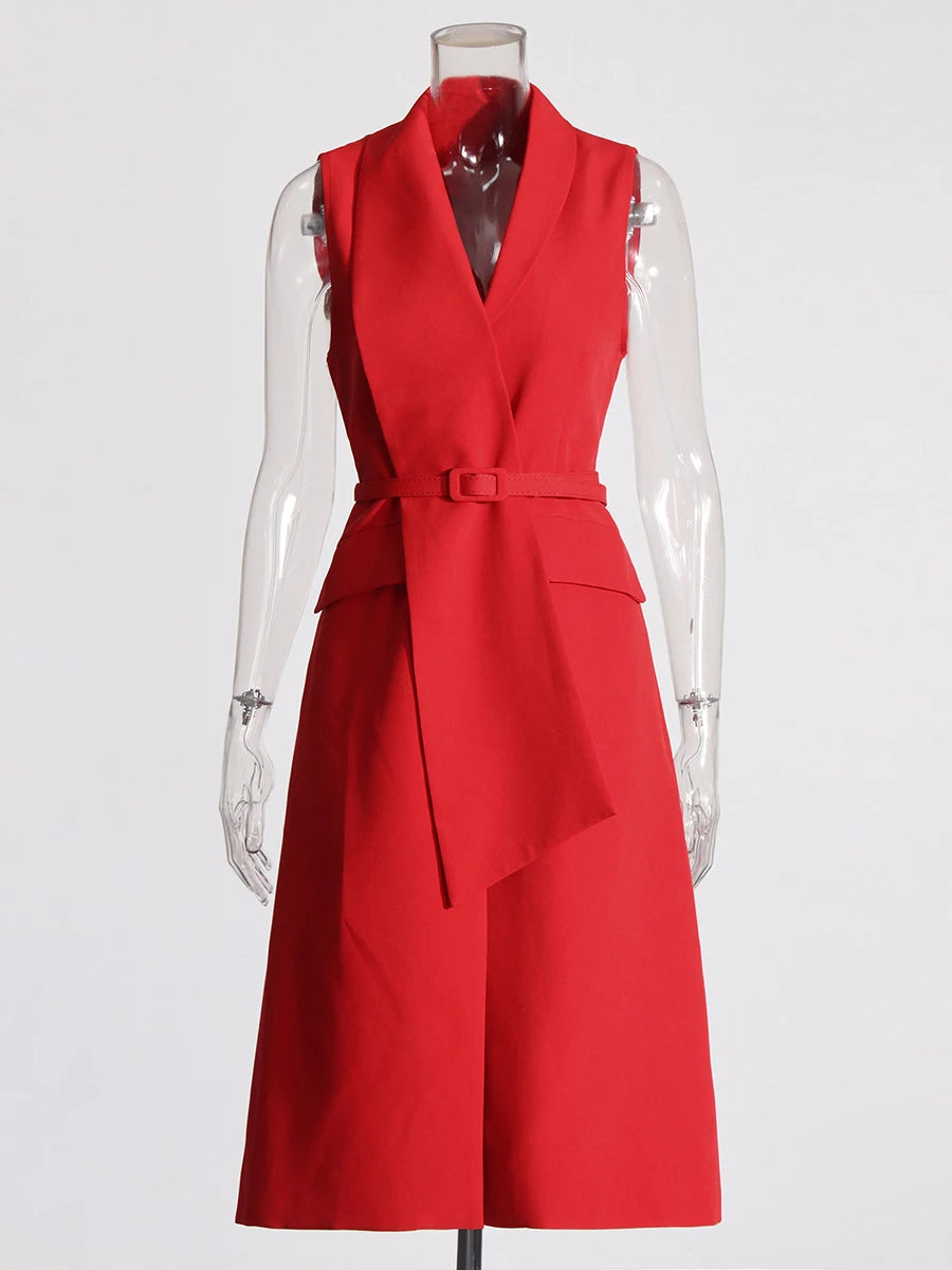 Sleeveless High Waist Belted Blazer Dress