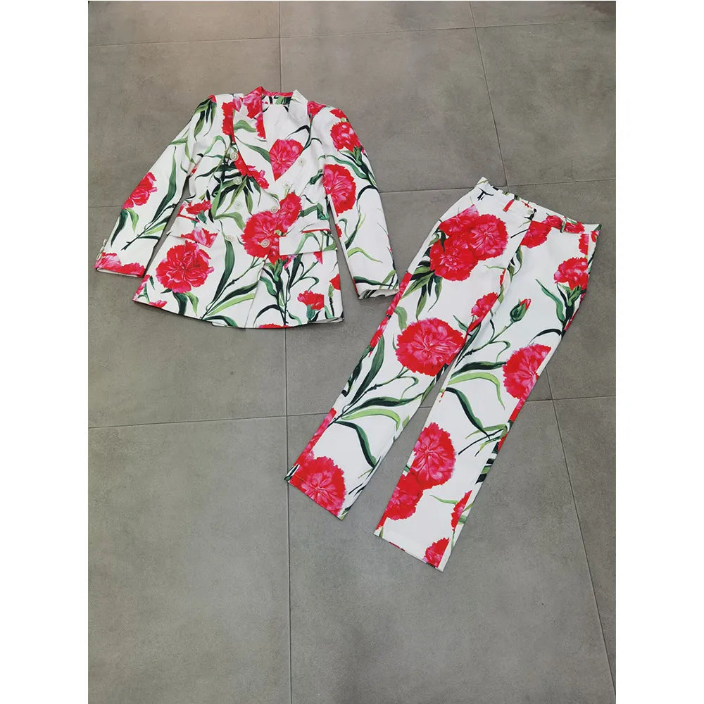 Romantic Floral Printed Blazer and Pant 2 Piece Suit Set