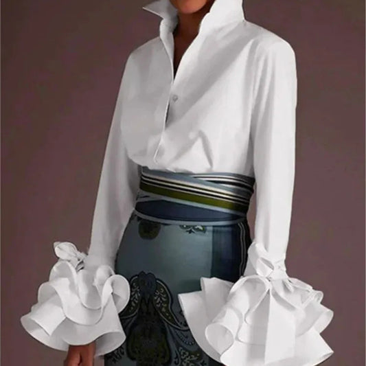 Button Down Collared Bell Sleeve Shirt