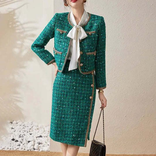 Elegant Thick Woven Sequined Emerald Tweed Two Piece Jacket and Skirt Set