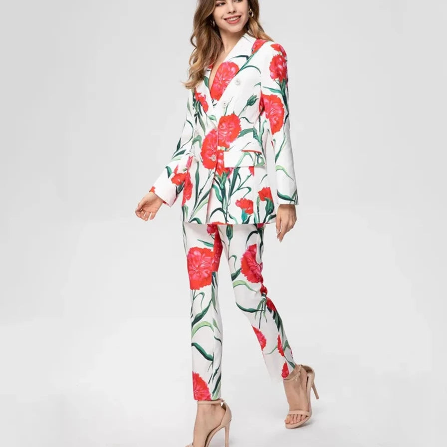 Romantic Floral Printed Blazer and Pant 2 Piece Suit Set