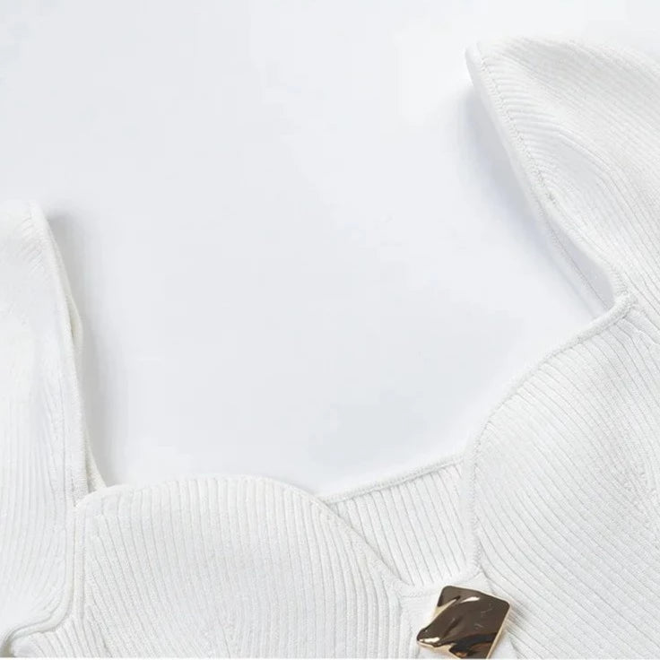 Unique Heart Collar Long Sleeve Button Front Knit Dress