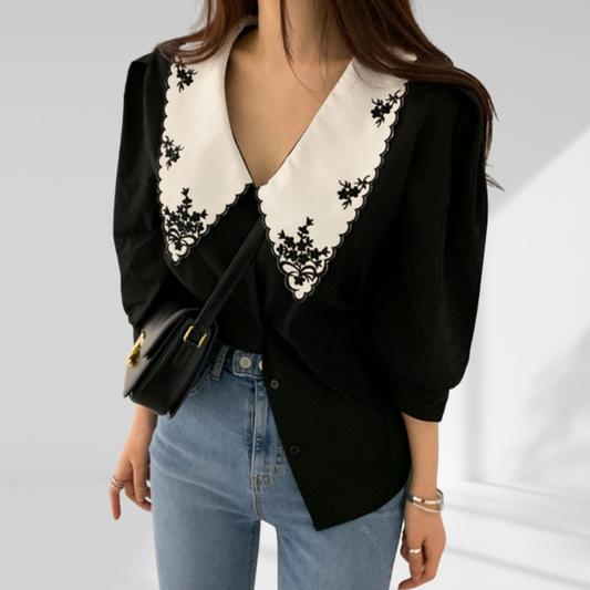 Floral Embroidery Oversized Collar Blouse