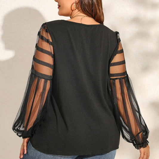 Mesh Sleeve Chiffon Ruffle Blouse