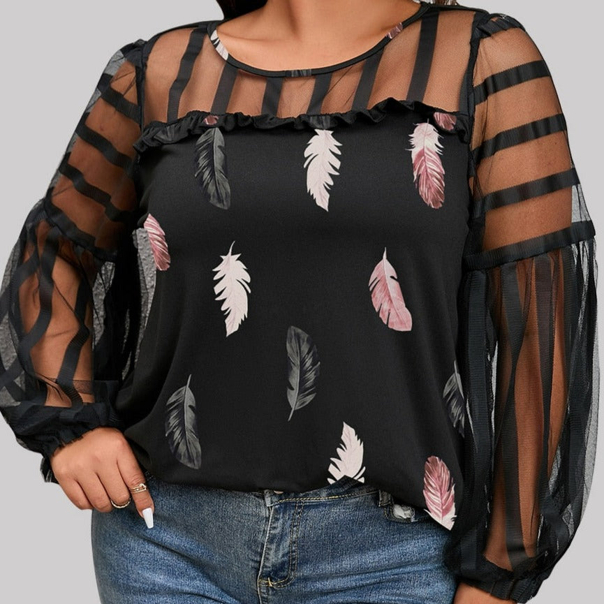 Mesh Sleeve Chiffon Ruffle Blouse