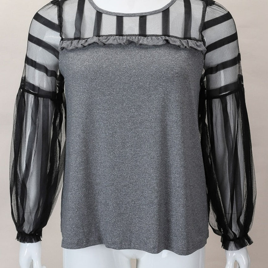 Mesh Sleeve Chiffon Ruffle Blouse