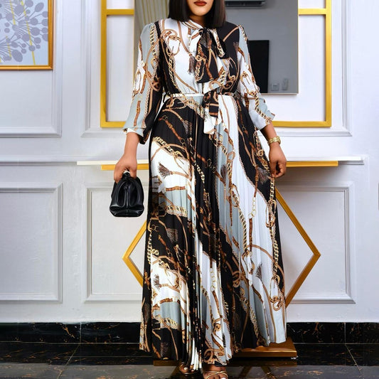 Belted Printed A-line Maxi Dress