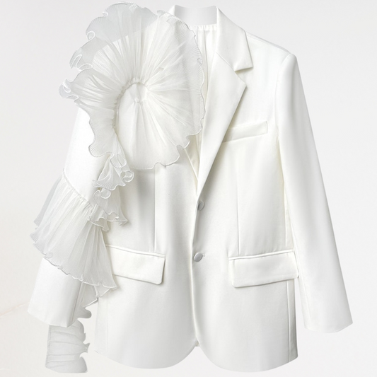 White Ruffle Embellished Pocket Blazer