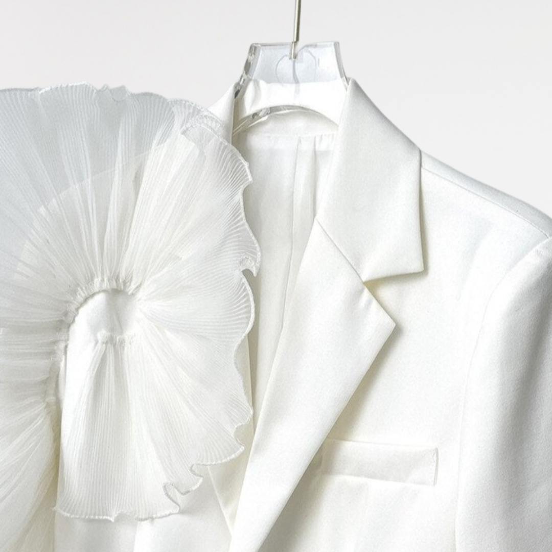 White Ruffle Embellished Pocket Blazer