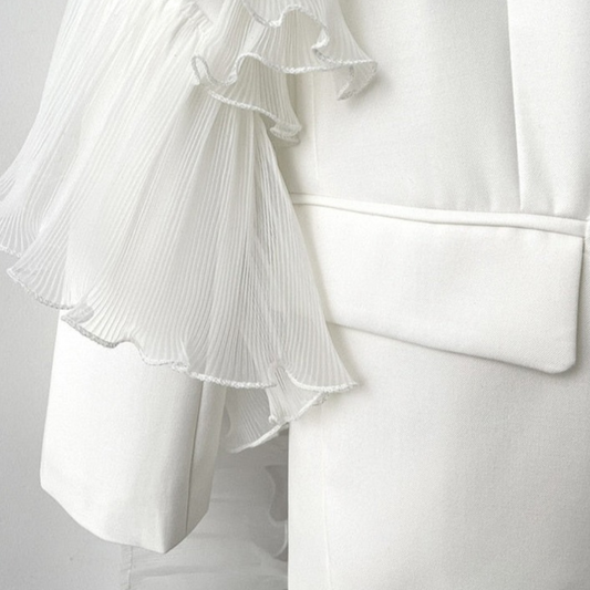 White Ruffle Embellished Pocket Blazer