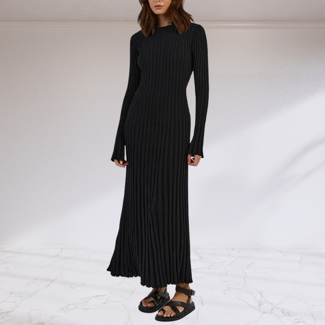 Elegant Tie Waist Ribbed Knitted Maxi Dress