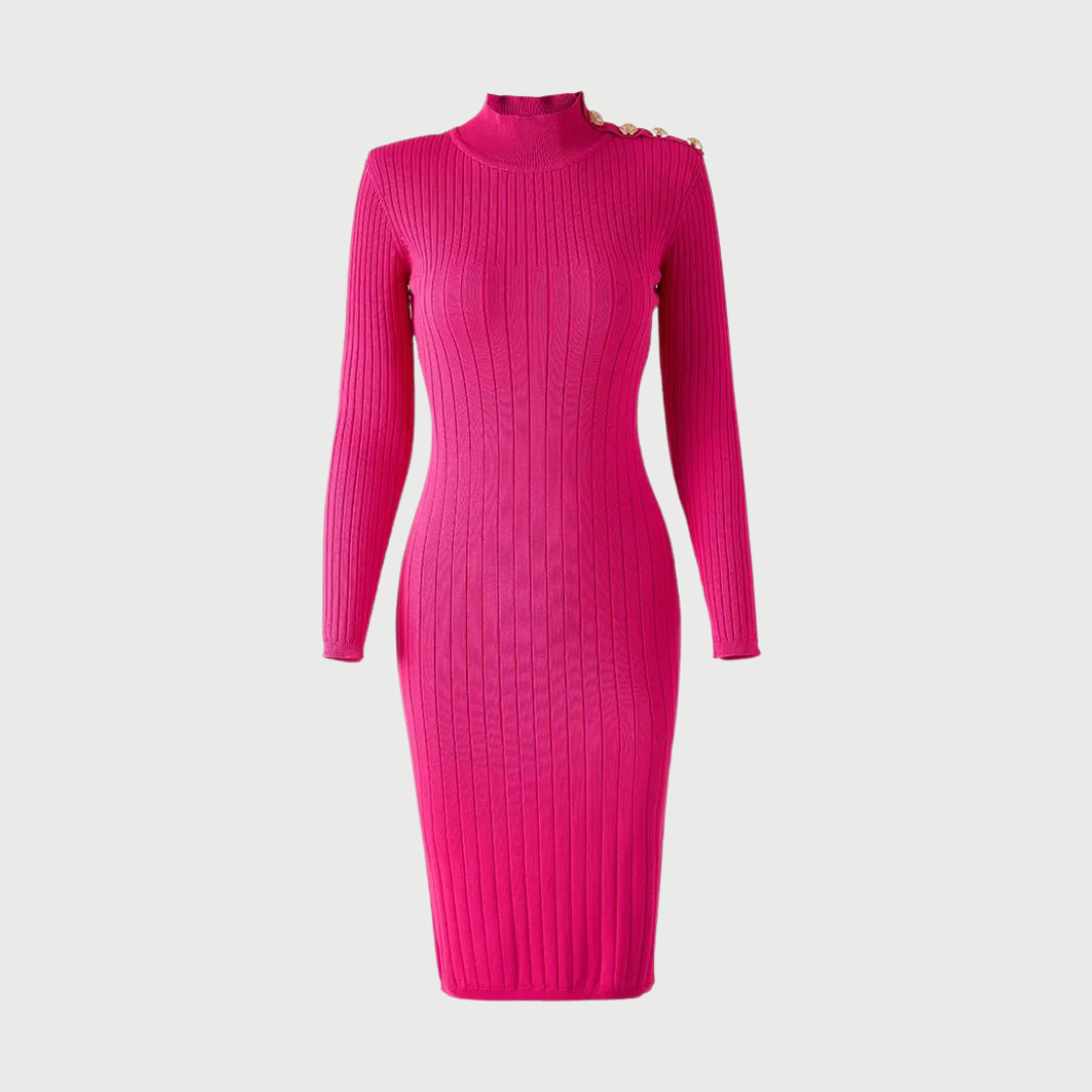 Stand Collar Ribbed Knit Sheath Dress