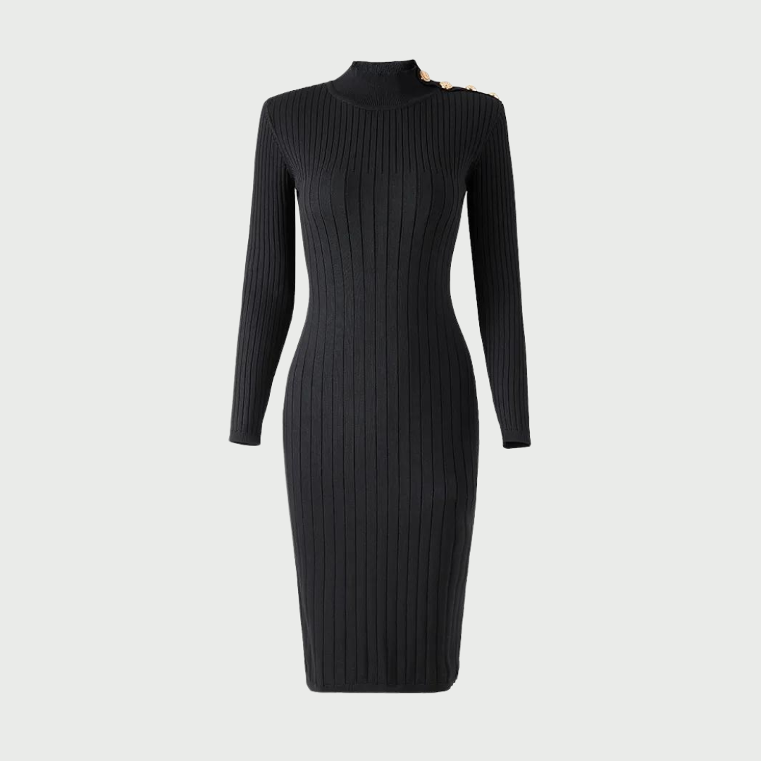 Stand Collar Ribbed Knit Sheath Dress