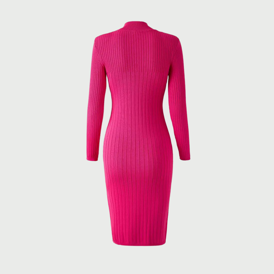 Stand Collar Ribbed Knit Sheath Dress