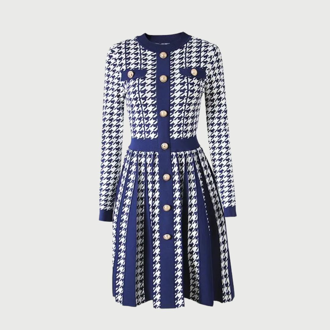 Houndstooth Pleated Midi Dress