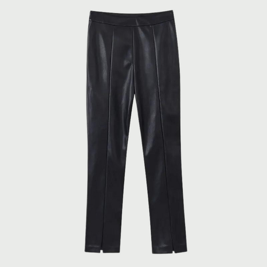Front Slit Leather Skinny Ankle Pants