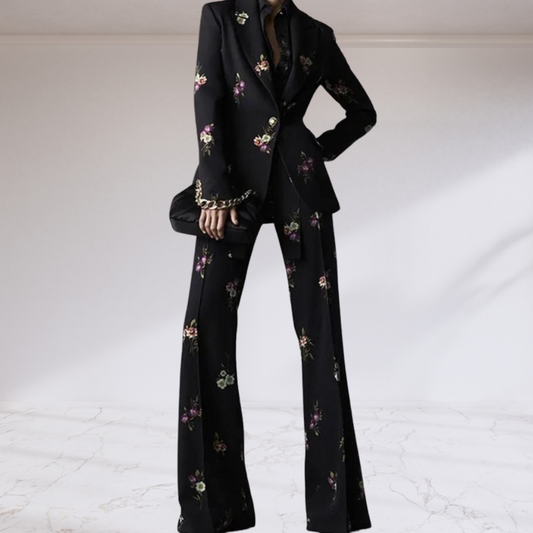 Dark Floral Printed Two Pieces Blazer and Pant Set