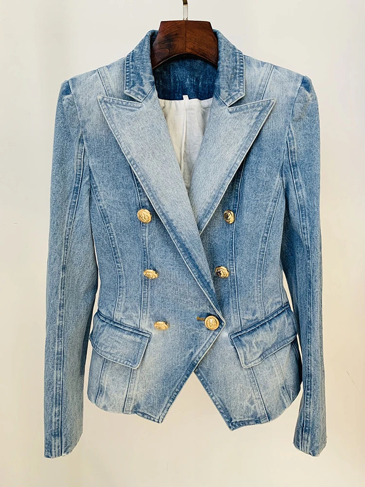 Slim Fitting Double Breasted Denim Blazer