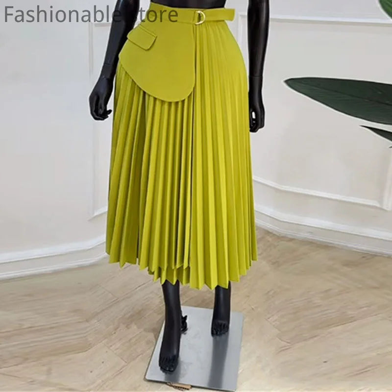 High Waist Pleated Full Swing Midi Skirt