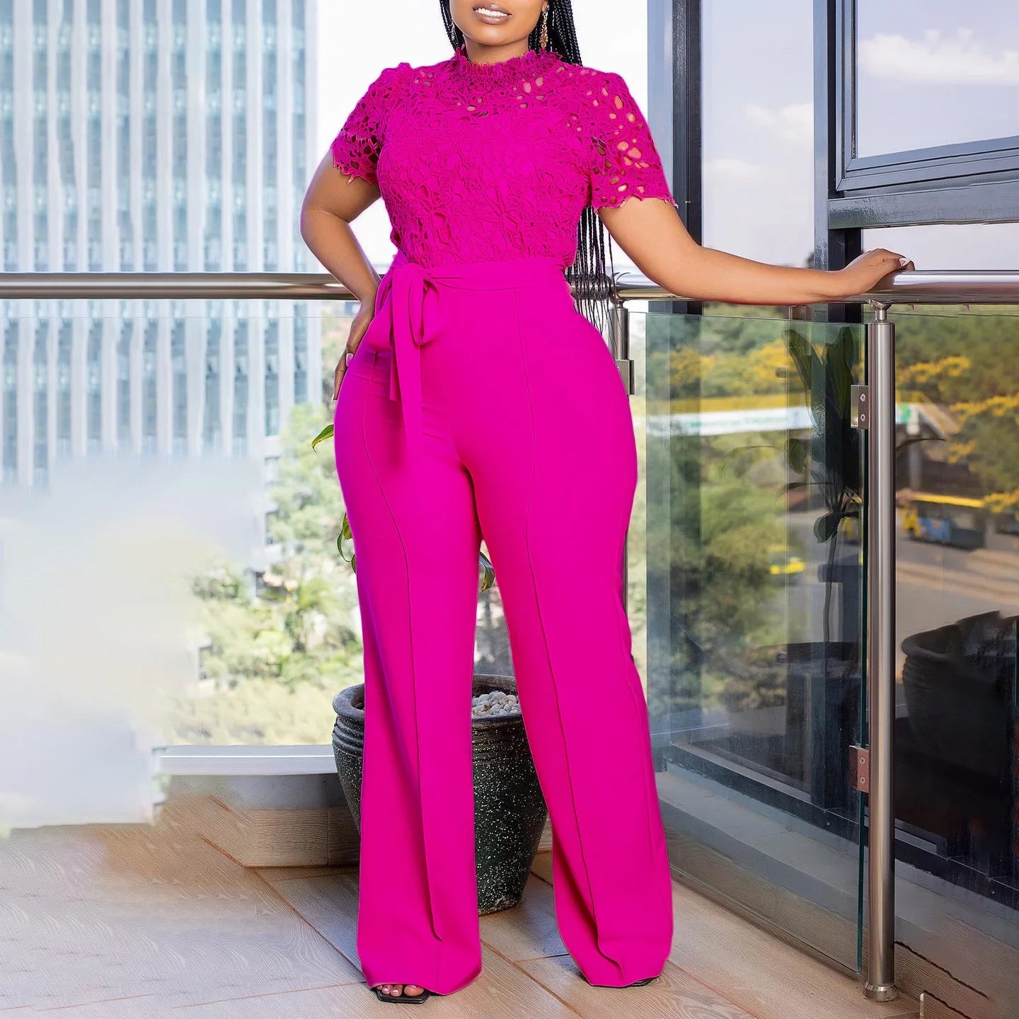 Short Sleeve Lace Top Jumpsuit