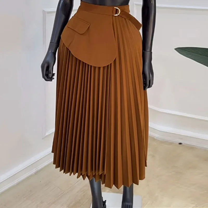 High Waist Pleated Full Swing Midi Skirt