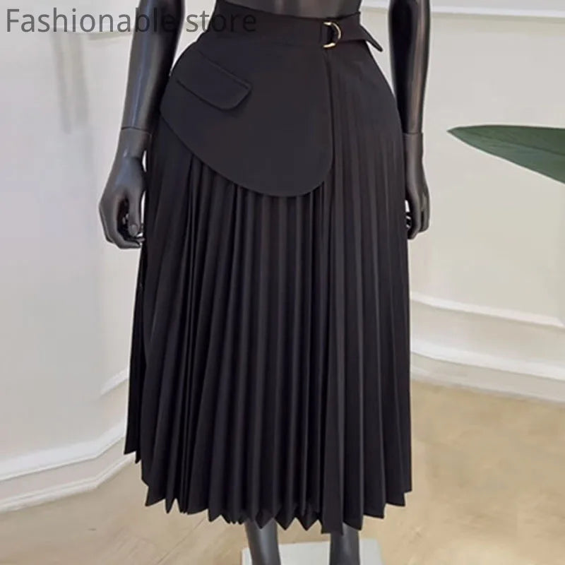 High Waist Pleated Full Swing Midi Skirt