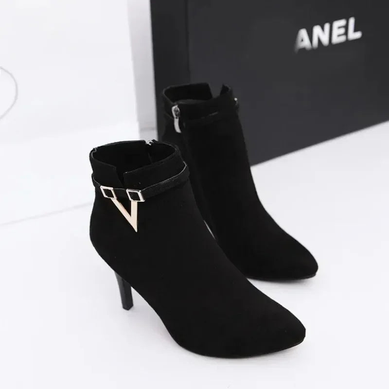 V-Embellished Patent Leather Ankle Boots