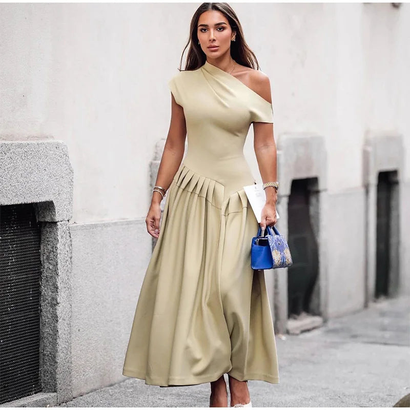 Elegant Off Shoulder Pleated Midi Dress