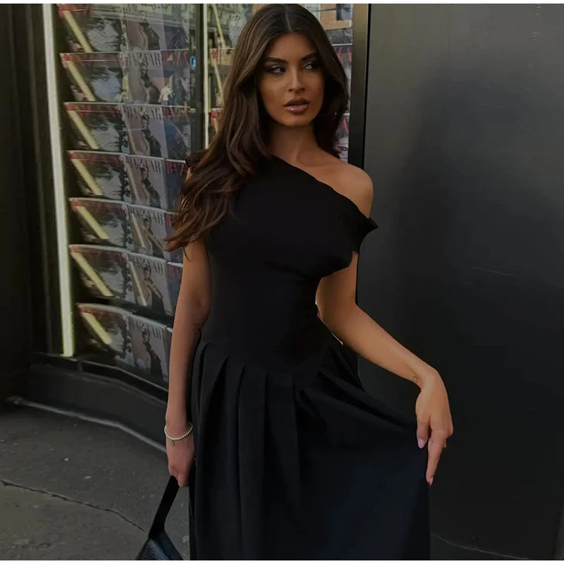 Elegant Off Shoulder Pleated Midi Dress