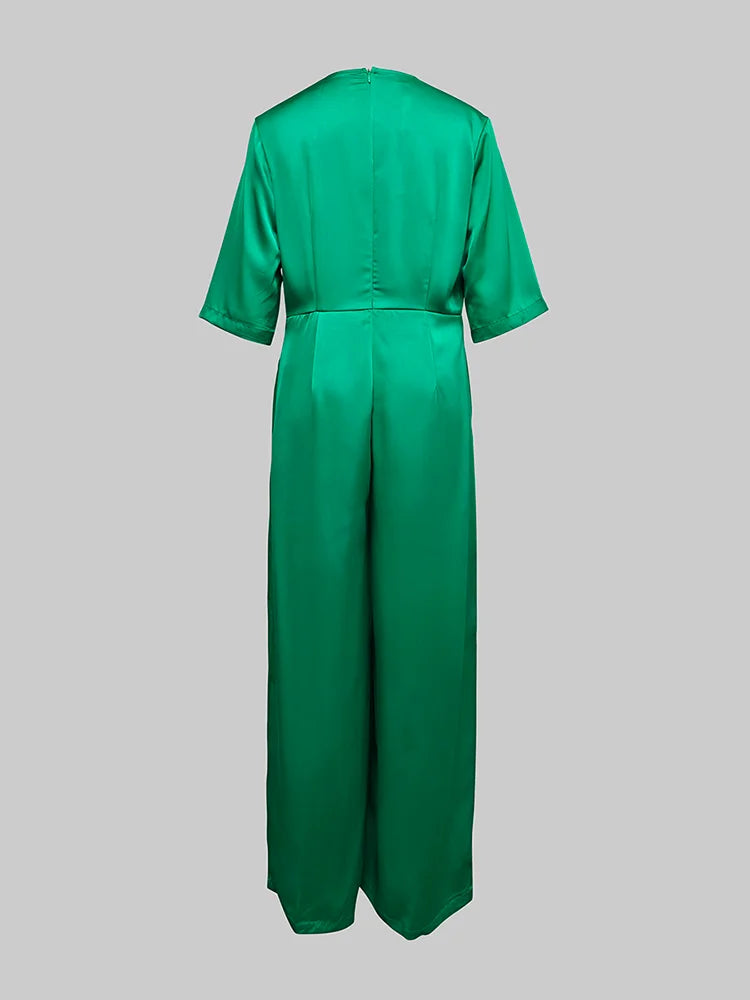 Deep V-neck Casual Green Wide-Leg Jumpsuit