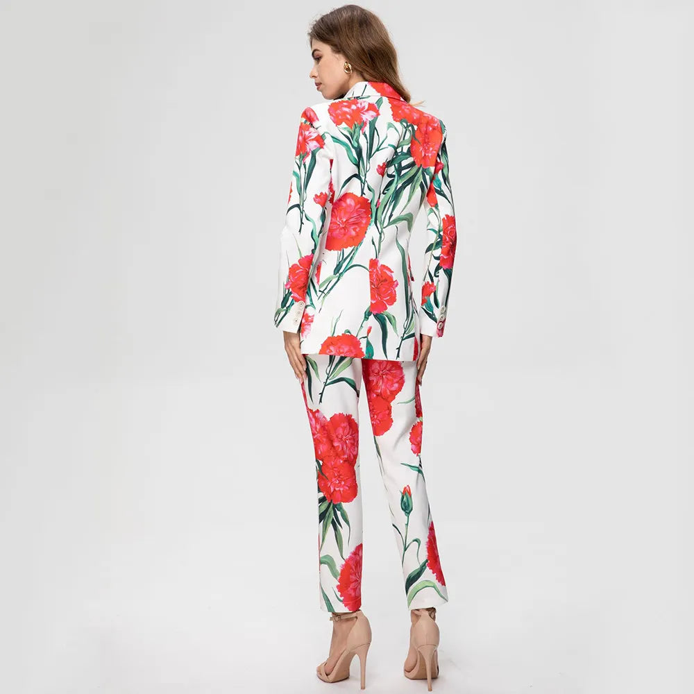 Romantic Floral Printed Blazer and Pant 2 Piece Suit Set