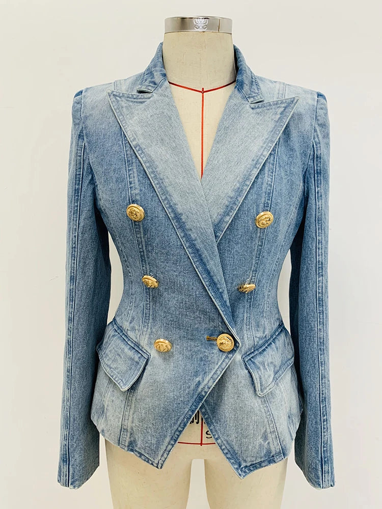 Slim Fitting Double Breasted Denim Blazer