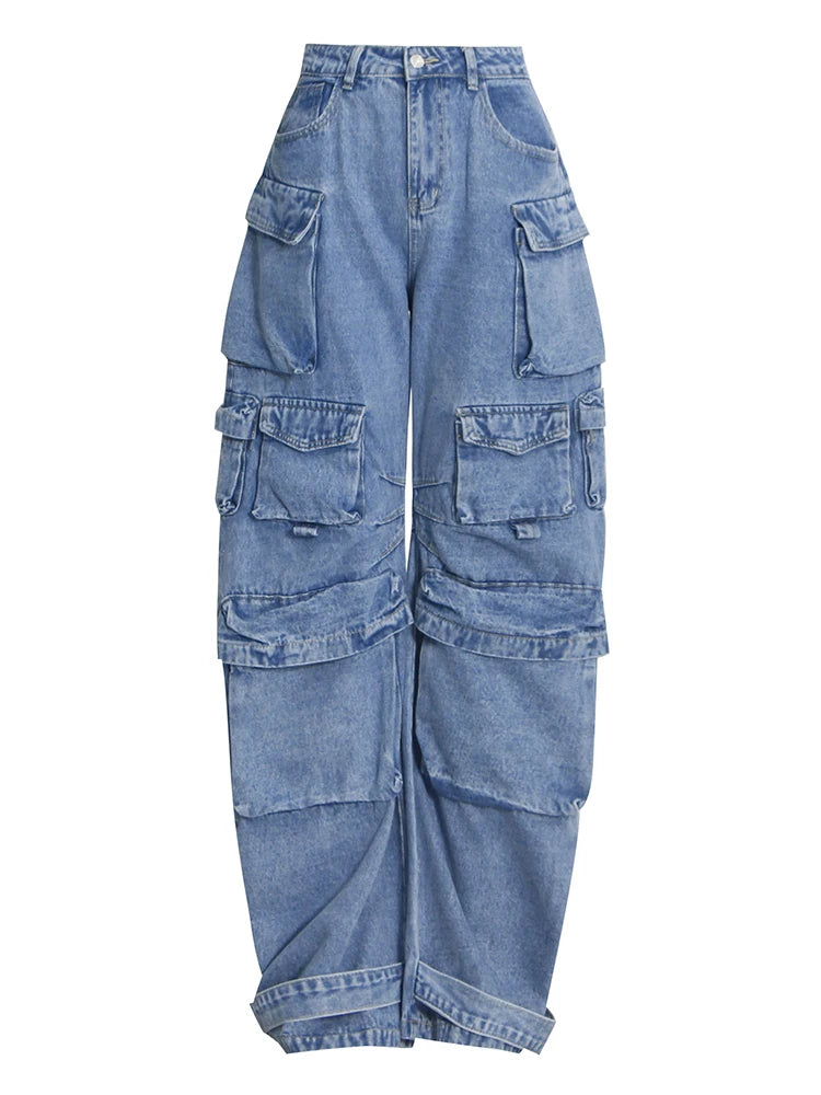 High Waist Utility Pocket Wide Leg Jeans