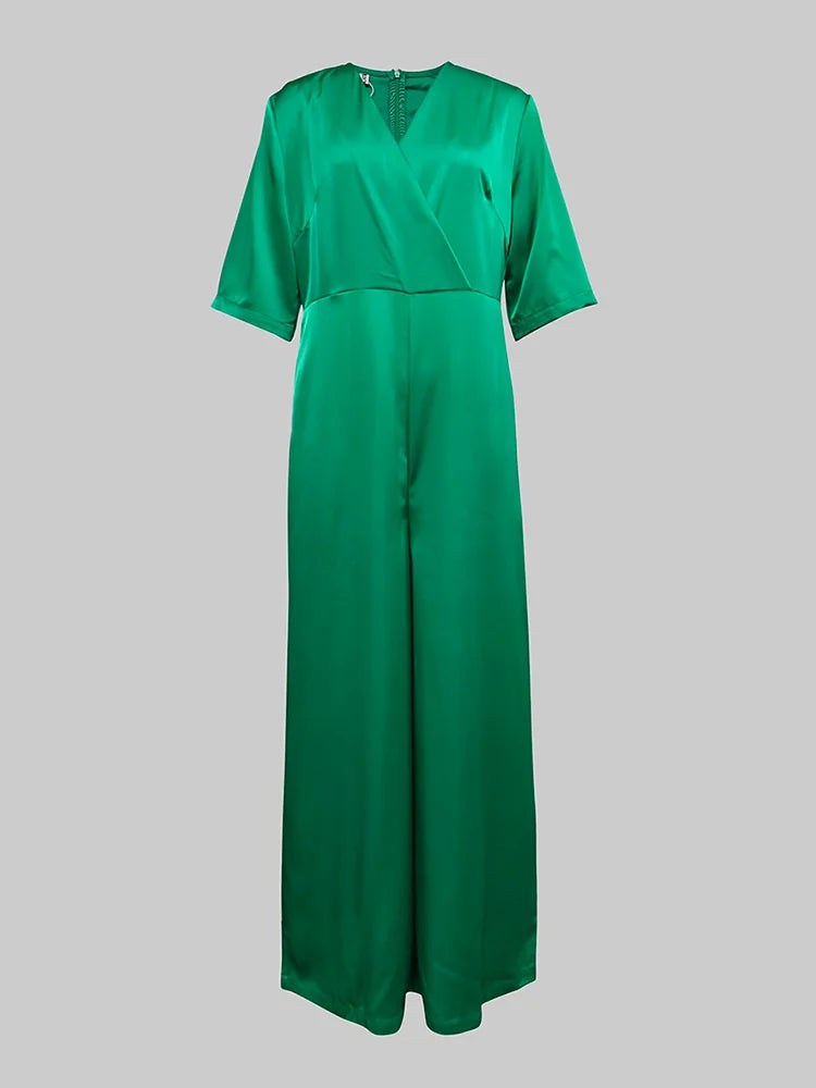 Deep V-neck Casual Green Wide-Leg Jumpsuit