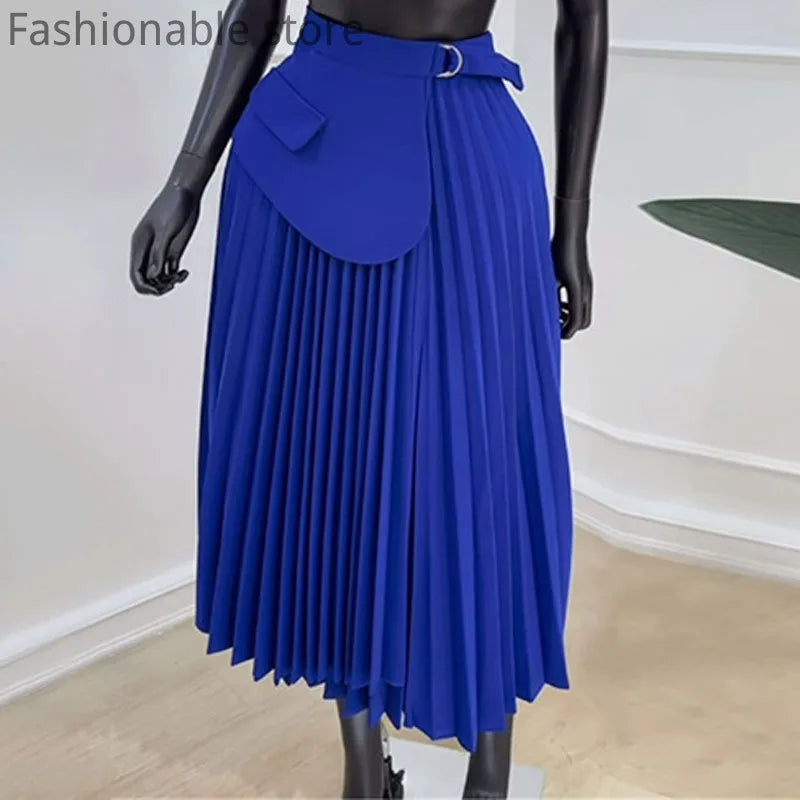 High Waist Pleated Full Swing Midi Skirt