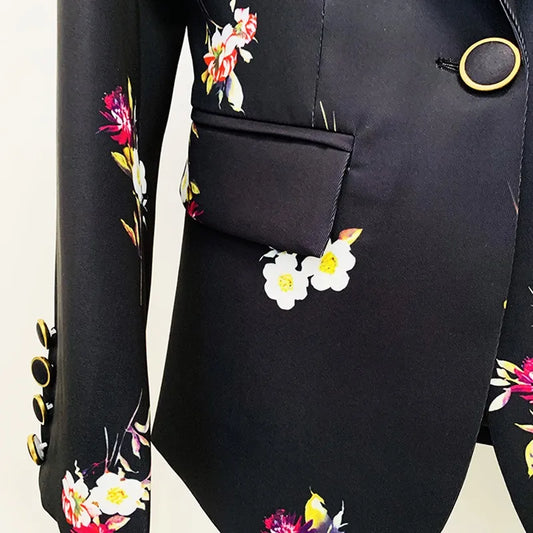 Dark Floral Printed Two Pieces Blazer and Pant Set