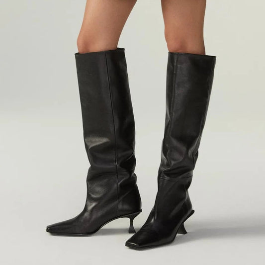 Genuine Leather Square Toe Knee High Boots